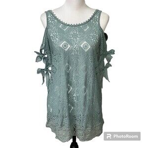Free People Teal Geo Sand Lace Cold Shoulder Top Sheer Cover Up Sz XS H2